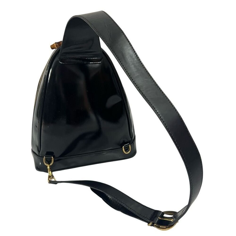 GUCCI Patent Leather Backpack Black Two Way w Strap Messenger Bag Bamboo Handle - Picture 9 of 12